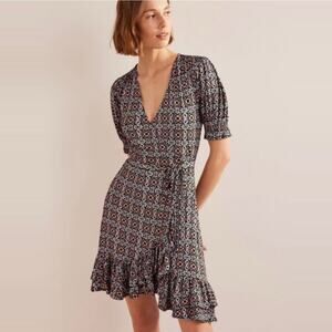 Boden Ruffle Wrap Jersey Floral Mini Dress in Black Opulent Pome size US 4 R